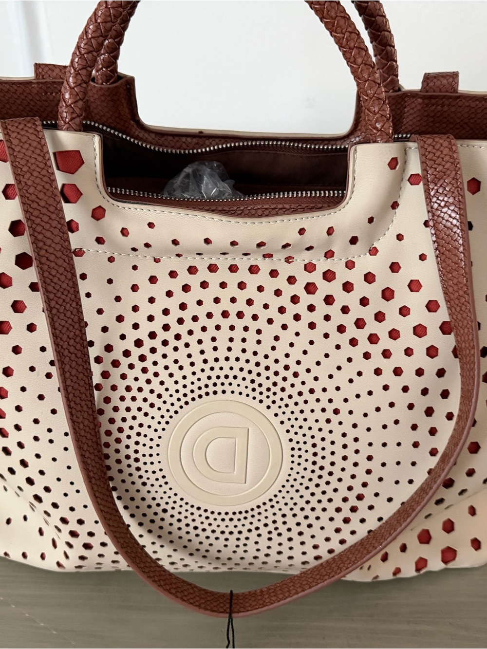 Desigual Cream Tote with Red Lattice and Brown Braided Handles